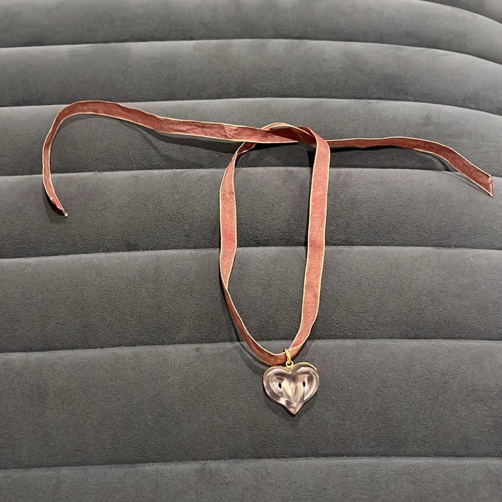 LALIQUE crystal entwined heart necklace pendant w/ silk ribbon choker pink gold - Picture 4 of 6